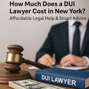 DUI lawyer in New York holding legal documents at a courthouse desk, representing affordable DUI defense and legal help.